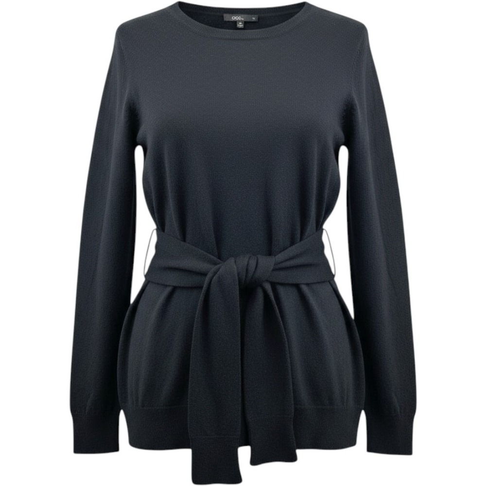 DG2 Sweater Women Medium Black Belted Tie‎ Waist Long Sleeve Tunic Chic Classic